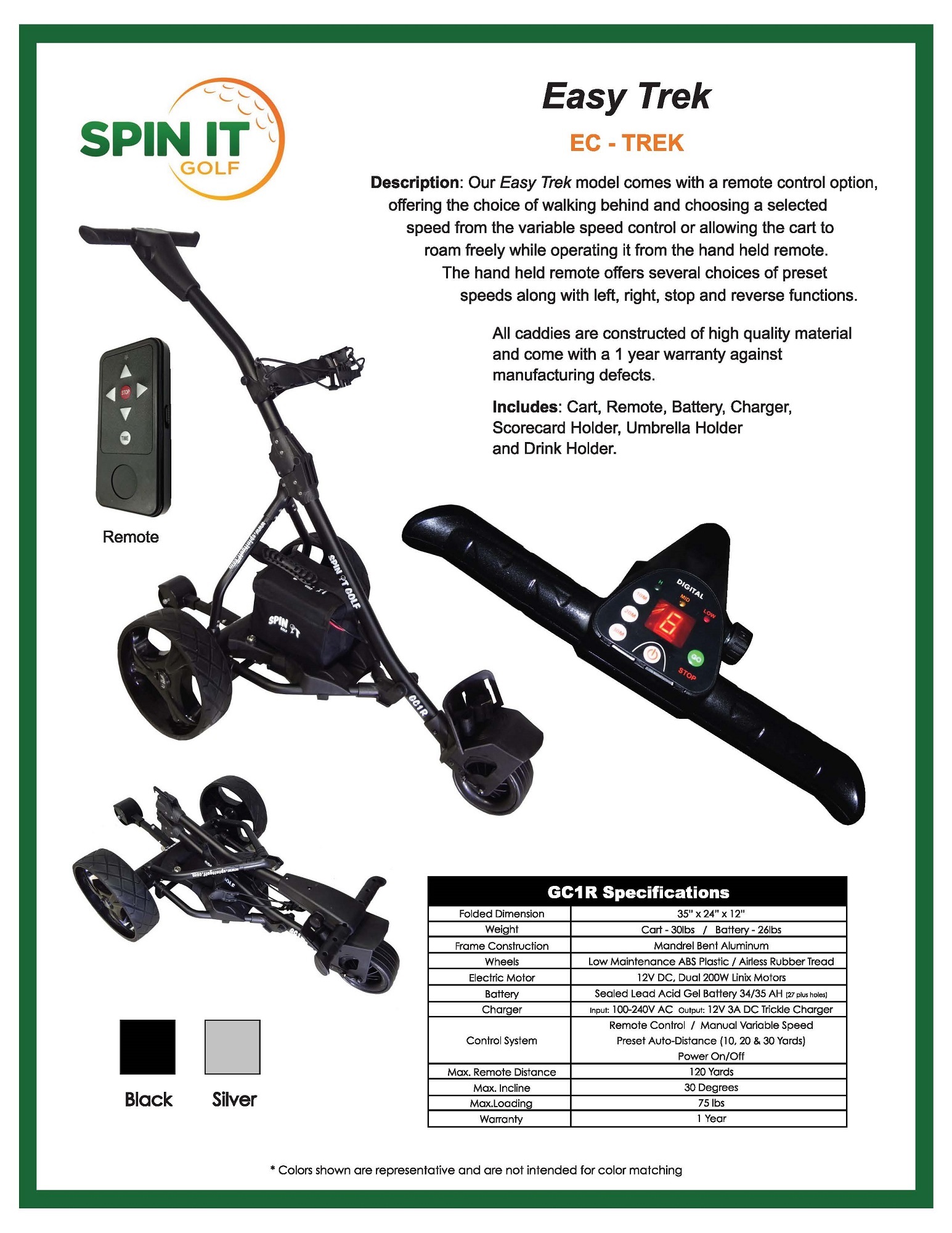 Spin It Golf Easy Trek BLACK Electric Remote Controlled Bag Cart Caddy