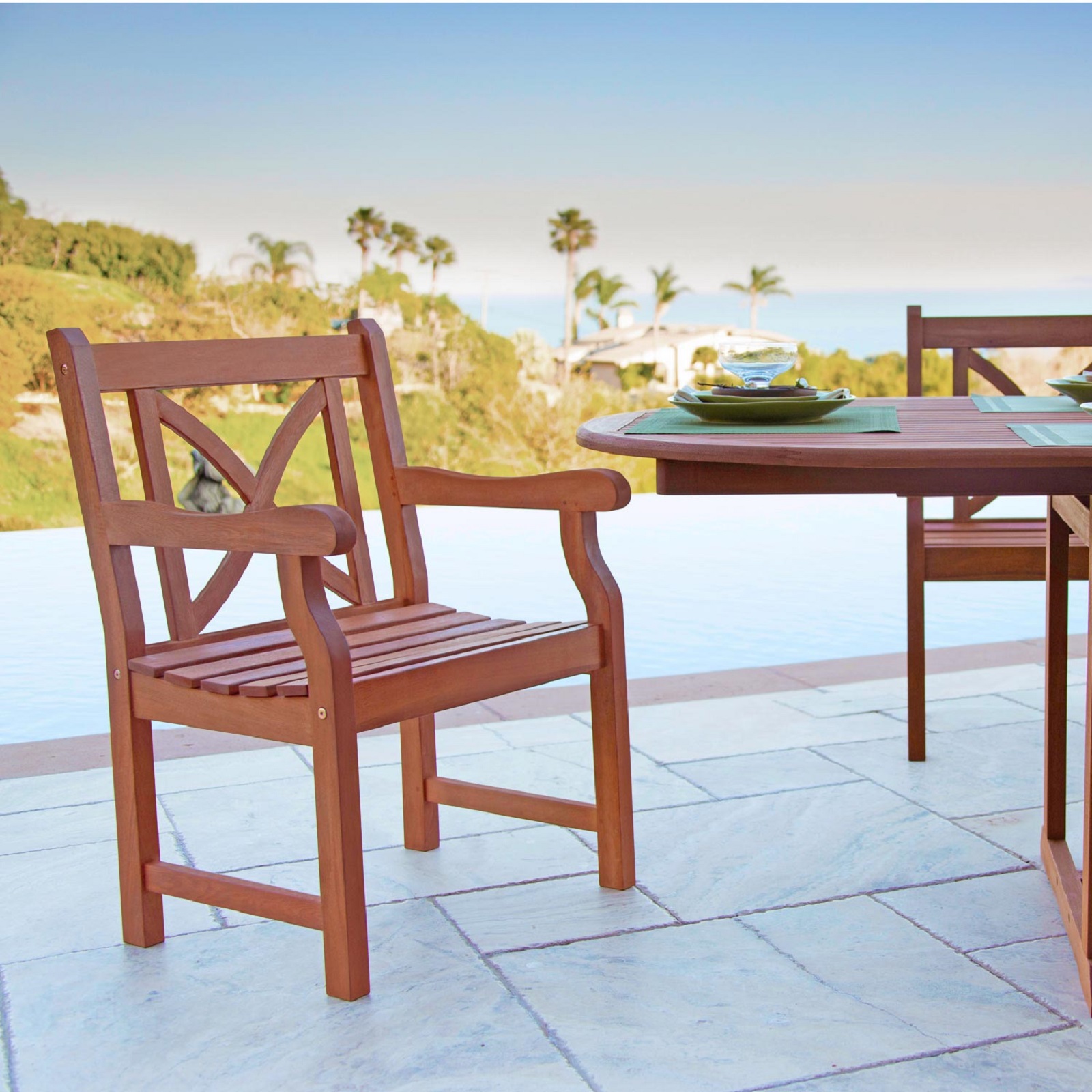 Vifah Malibu Outdoor 9-Piece Wood Patio Dining Set with Extension Table & Stacking Chairs 