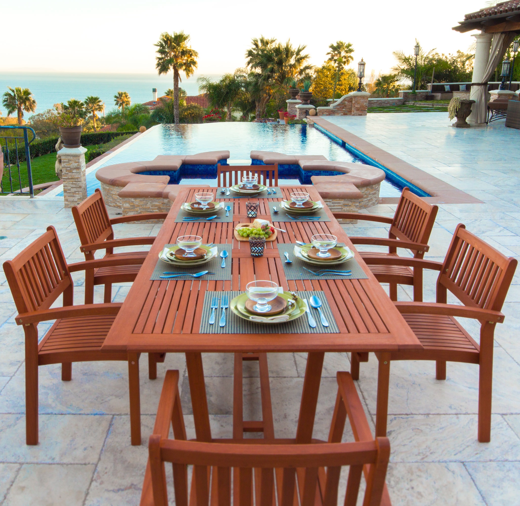 Vifah Malibu Outdoor 7-piece Wood Patio Dining Set W Table & Stacking